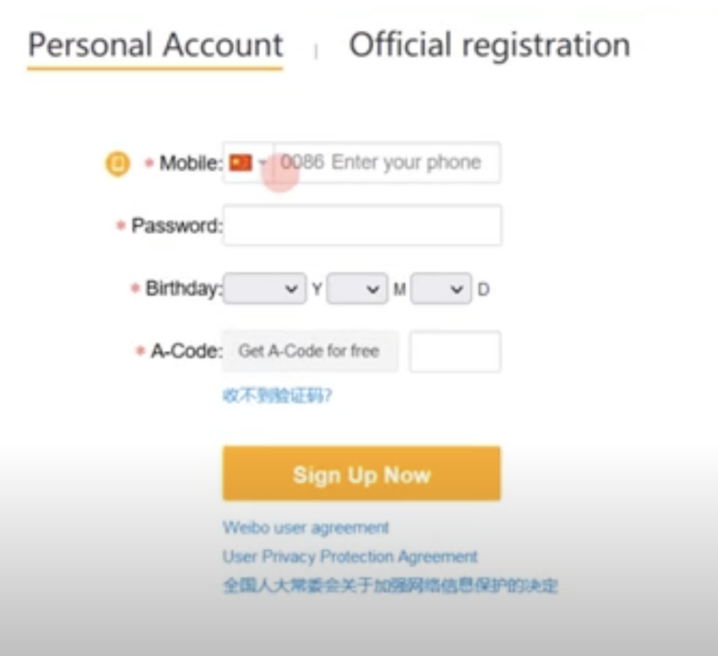 sign up weibo